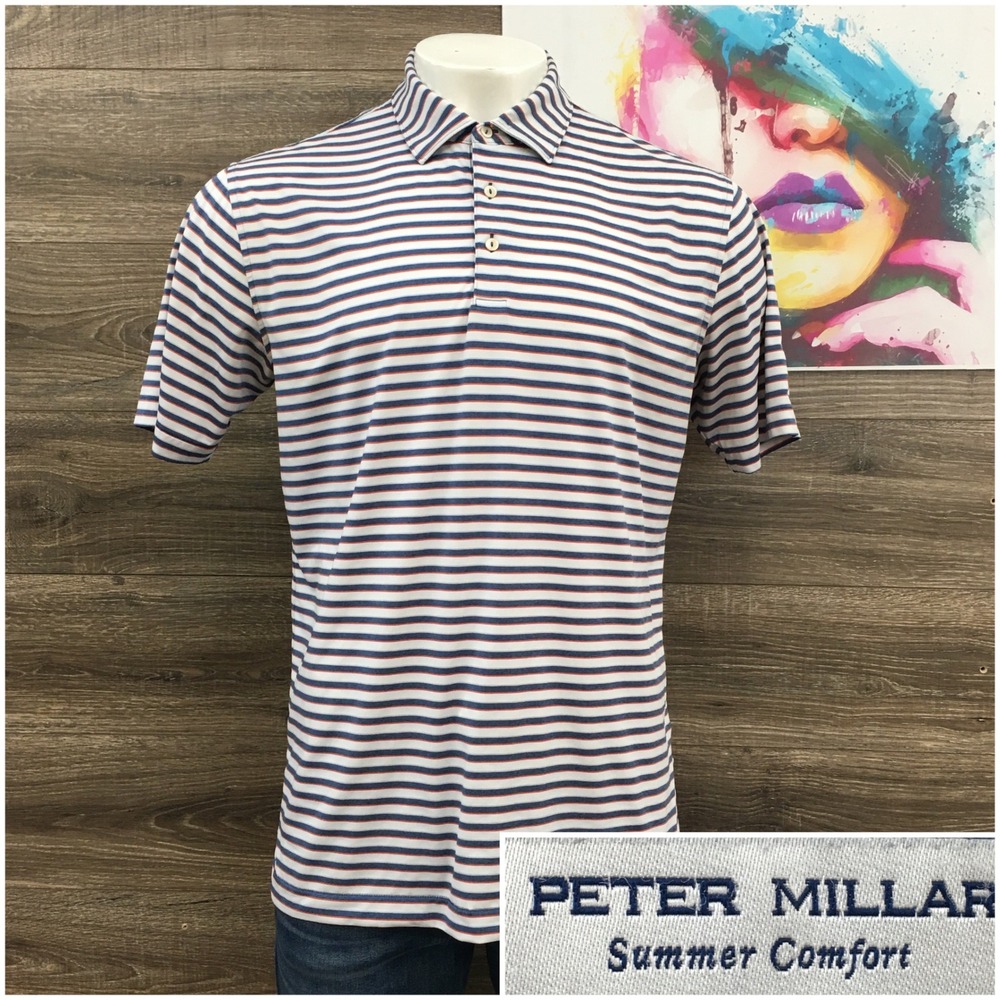 Peter Millar Summer Comfort Polo Shirt Mens Large Striped Witch Hollow Golf Blue